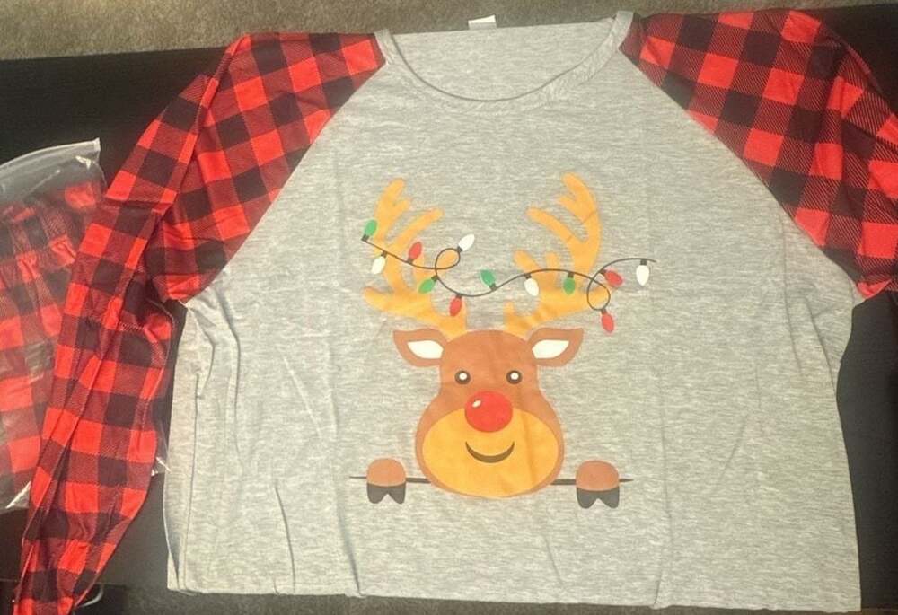Christmas Reindeer and Buffalo Plaid Raglan Long Sleeve Pajama Top Grey Red Size